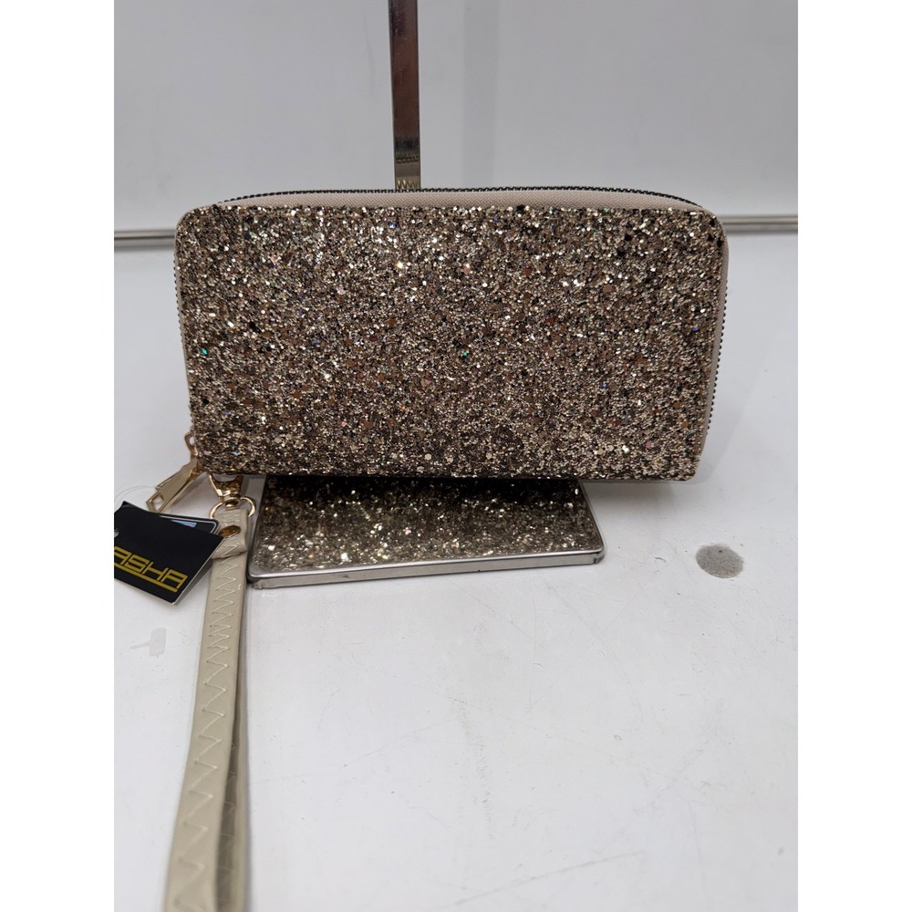 Sasha Handbags Champagne Gold Glitter Double Zip Wristlet Wallet Phone Holder